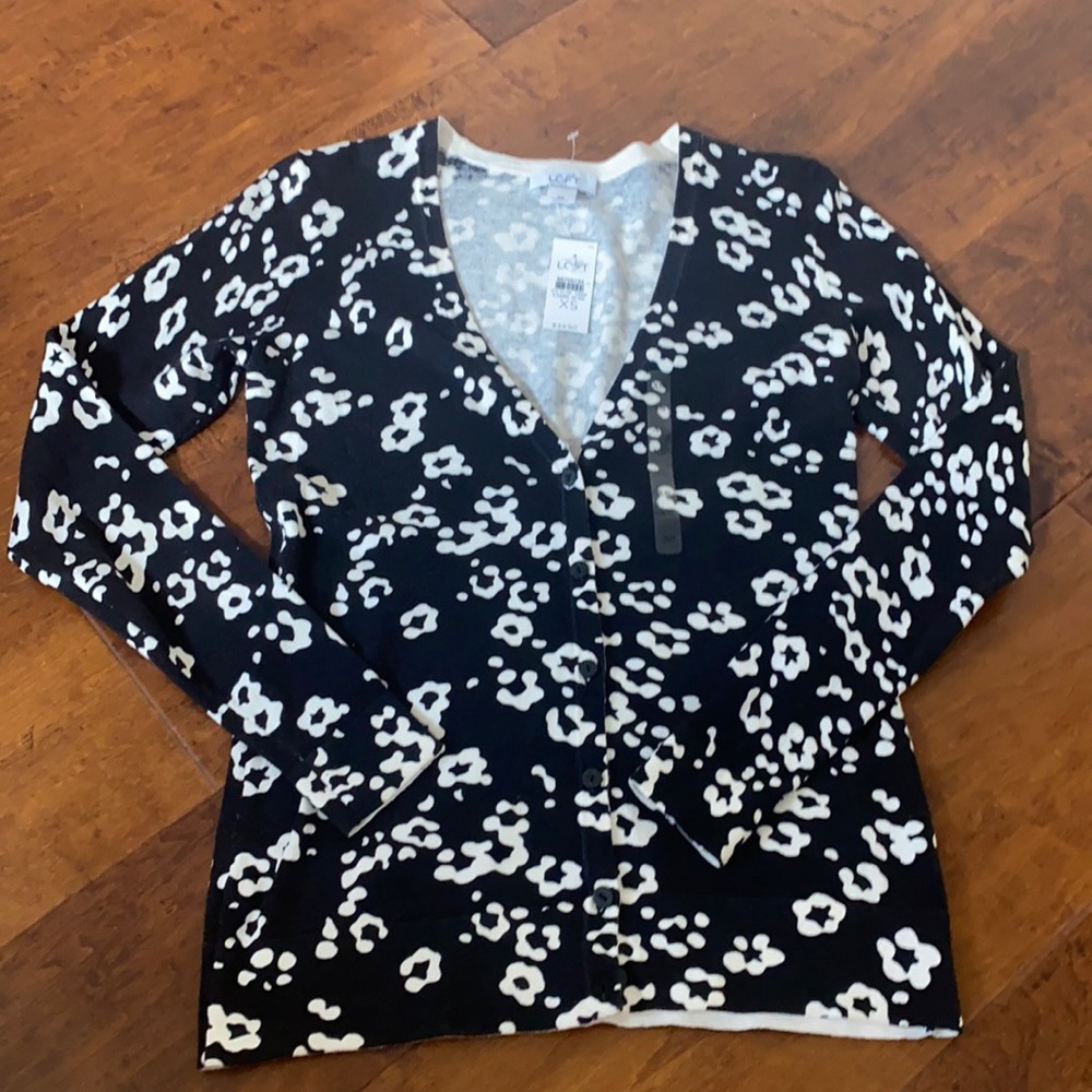 Ann Taylor Loft Black Floral Print Cardigan